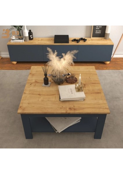 B3CONCEPT Nort Serisi Modern Dekoratif Raflı Kare Salon Orta Sehpa Safir Meşe-Antrasit