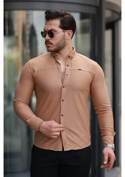 Erkek Çıtçıt Düğmeli Dikiş Detaylı Uzun Kollu Gömlek