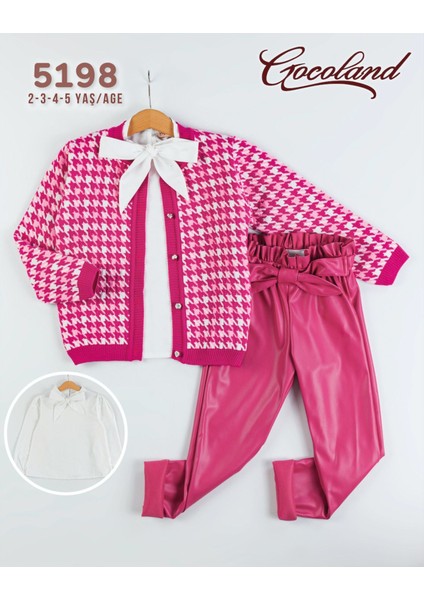 Kız Çocuk Triko Hırka Deri Pantolon Gömlek Üçlü Takım Barbie Konseptli