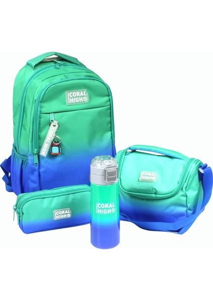Ch 23665 Mavi - Yeşil Geçişli - 4' Lü Okul Çantası Seti - Sırt ve Beslenme Çantası + Kalemlik + Matara