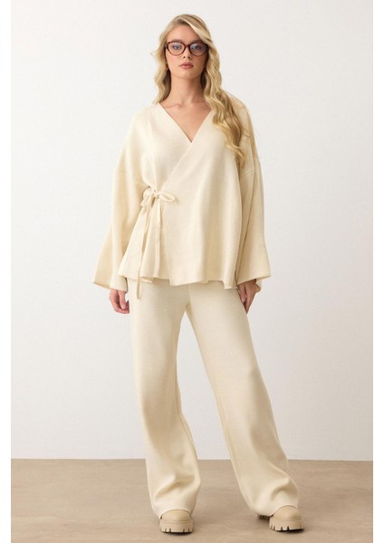 Bağcık Kapamalı Kimono Pantolon Triko Takım Ekru 9364-TK