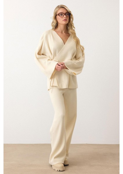 Bağcık Kapamalı Kimono Pantolon Triko Takım Ekru 9364-TK fiyatları