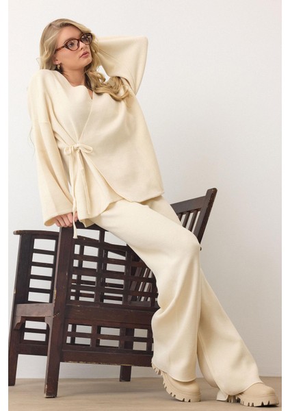 Bağcık Kapamalı Kimono Pantolon Triko Takım Ekru 9364-TK fırsatları