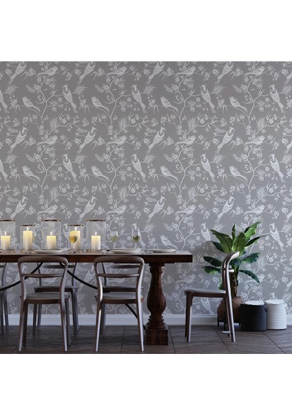 Gri Fon Kırlangıç Kuşlar Duvar Kumaşı -Isı ve Ses Yalıtımlı
