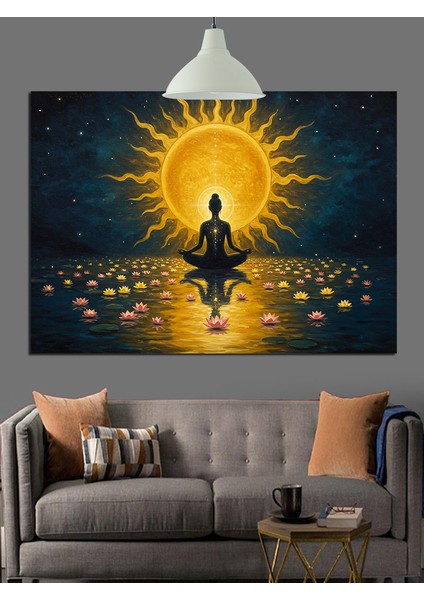 Altın Işıklı Meditasyon Sahnesi Dekoratif Kanvas - Mdf Ahşap Tablo