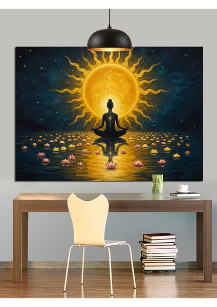 Altın Işıklı Meditasyon Sahnesi Dekoratif Kanvas - Mdf Ahşap Tablo fiyatları