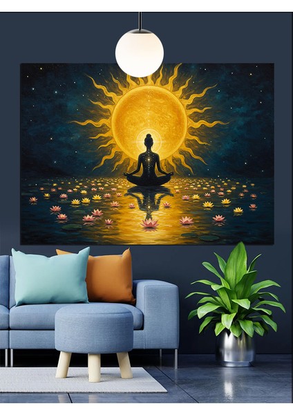 Altın Işıklı Meditasyon Sahnesi Dekoratif Kanvas - Mdf Ahşap Tablo modelleri