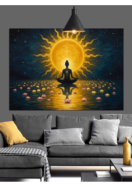 Altın Işıklı Meditasyon Sahnesi Dekoratif Kanvas - Mdf Ahşap Tablo indirimleri