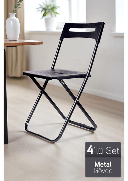 Safran Katlanabilir Metal Gövdeli Sandalye Katlanır Mutfak Bahçe Kamp Sandalyesi Siyah 4 Adet