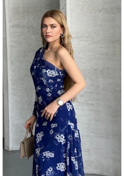 Dar Kalıp Eteği Asimetrik Tek Omuz Astarlı Çiçek Desen Tül Elbise modelleri