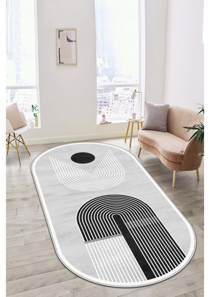 Makinede Yıkanabilir Kaymaz Taban Leke Tutmaz Gri Oval Salon Halısı Mutfak Halısı ve Yolluk