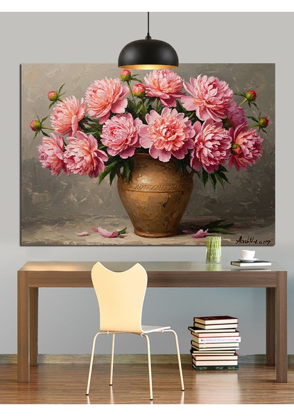 Vazoda Pembe Çiçekler Dekoratif Kanvas - Mdf Ahşap Tablo