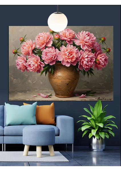 Vazoda Pembe Çiçekler Dekoratif Kanvas - Mdf Ahşap Tablo fiyatları