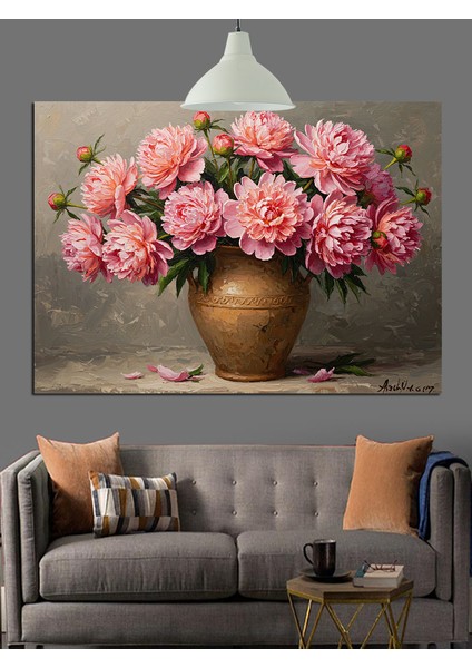 Vazoda Pembe Çiçekler Dekoratif Kanvas - Mdf Ahşap Tablo indirimleri