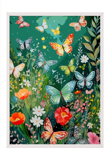 Beyaz Çerçeveli Tablo, Renkli Çiçekler ve Kelebekler, Yatak Odası Dekoru Poster No: 114170