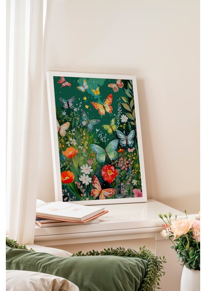 Beyaz Çerçeveli Tablo, Renkli Çiçekler ve Kelebekler, Yatak Odası Dekoru Poster No: 114170 fiyatları