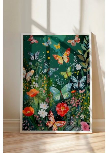 Beyaz Çerçeveli Tablo, Renkli Çiçekler ve Kelebekler, Yatak Odası Dekoru Poster No: 114170 modelleri
