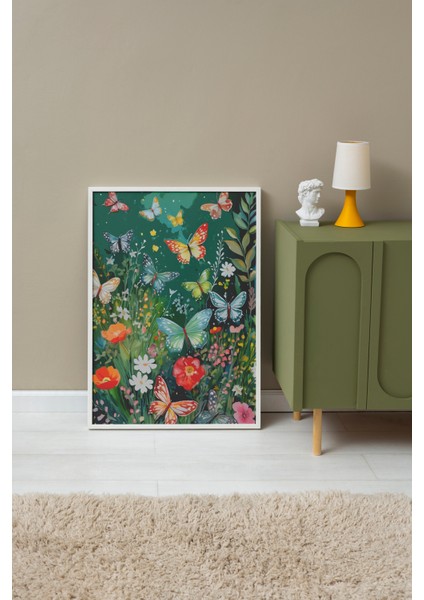 Beyaz Çerçeveli Tablo, Renkli Çiçekler ve Kelebekler, Yatak Odası Dekoru Poster No: 114170 fırsatları