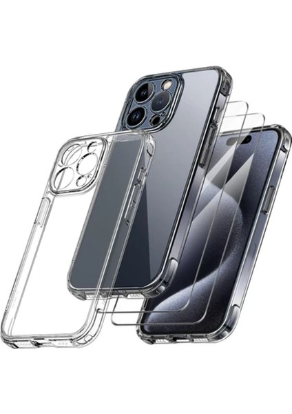 iPhone 15 Pro Kılıf Şeffaf Silikon + Cam Ekran Koruyucu Seti (1 Cam 1 Kılıf)