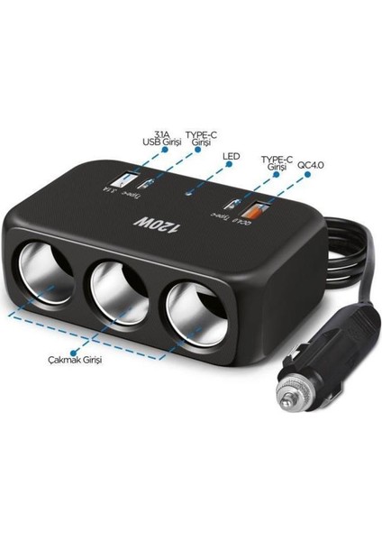 1656 2xtype-C+ 2xusb 120WATT 3 Çakmak Girişli Kablolu Çakmak Çoklayıcı fiyatları