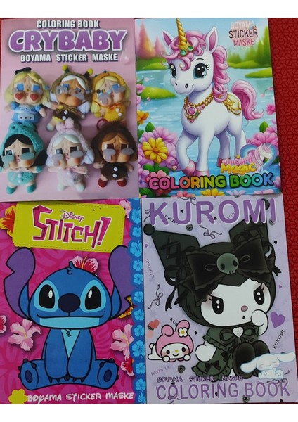 4 Adet Stickerli Boyama Kitabı (Crybaby/stitch/kuromi/unicorn)