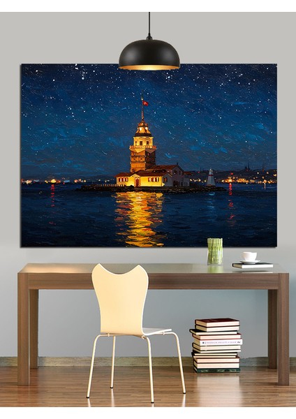 Gece Manzarasında Kız Kulesi Dekoratif Kanvas - Mdf Ahşap Tablo