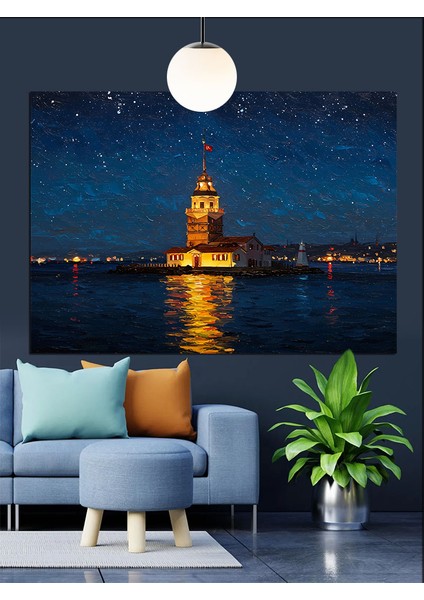Gece Manzarasında Kız Kulesi Dekoratif Kanvas - Mdf Ahşap Tablo fiyatları