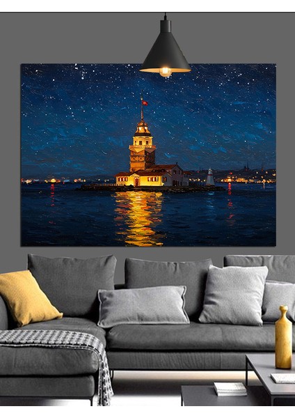 Gece Manzarasında Kız Kulesi Dekoratif Kanvas - Mdf Ahşap Tablo fırsatları