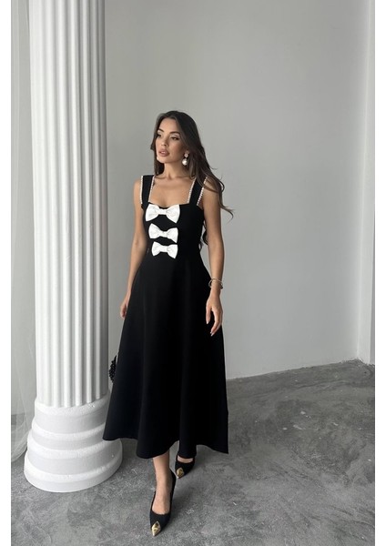 Siyah Fiyonk Garnili Dantelli Elbise S-Siyah