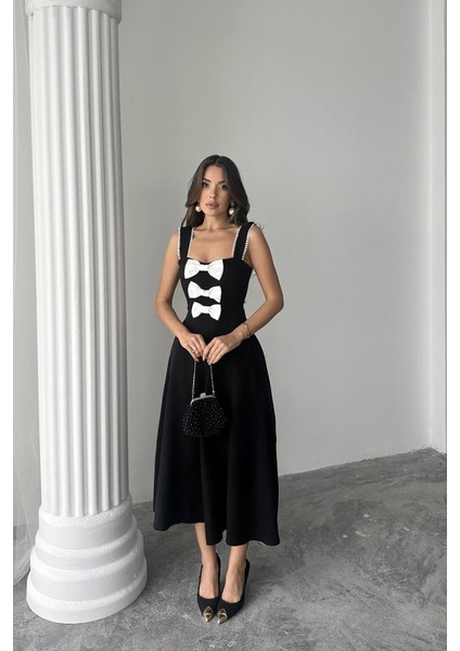 Siyah Fiyonk Garnili Dantelli Elbise S-Siyah fiyatları