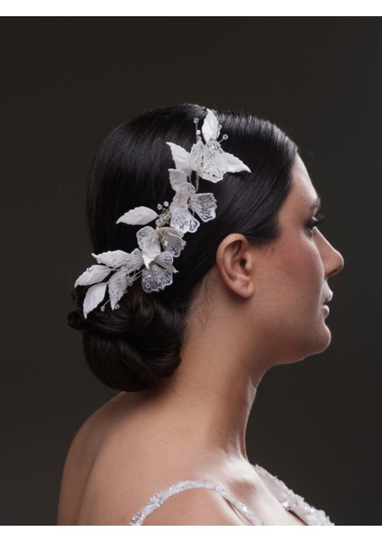 Dantel Yaprak ve Çiçek Desenli Incili Gelin Saç Aksesuarı
