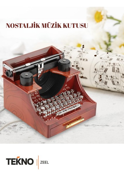 Nostaljik Tasarımlı Çekmeceli Daktilo Şeklinde Kahverengi Müzik Kutusu Doğum Günü Hediyesi