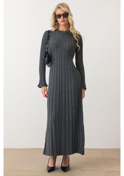 Bisiklet Yaka Kalın Fitilli Uzun Triko Elbise Gri 9363-E indirimleri