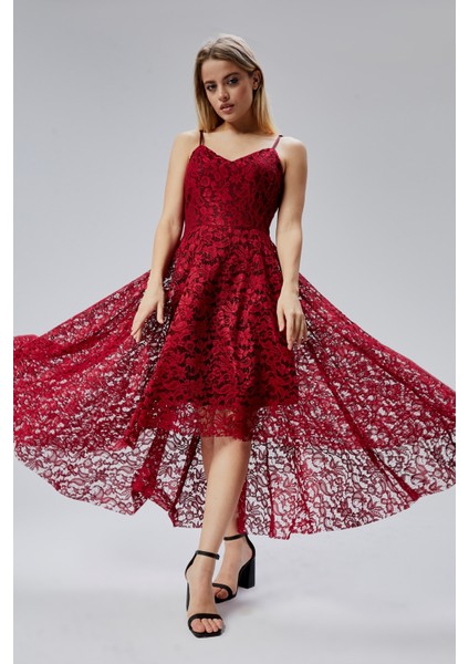 Kadın Uzun Dantelli V Yaka Fermuarlı Sırt Detaylı Ayarlanılabilir Omuz Askılı Uzun Elbise HV06063133