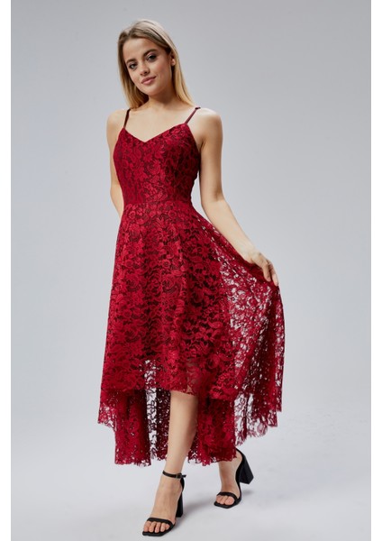 Kadın Uzun Dantelli V Yaka Fermuarlı Sırt Detaylı Ayarlanılabilir Omuz Askılı Uzun Elbise HV06063133 fiyatları