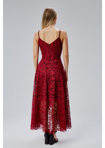 Kadın Uzun Dantelli V Yaka Fermuarlı Sırt Detaylı Ayarlanılabilir Omuz Askılı Uzun Elbise HV06063133 indirimleri