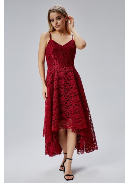 Kadın Uzun Dantelli V Yaka Fermuarlı Sırt Detaylı Ayarlanılabilir Omuz Askılı Uzun Elbise HV06063133