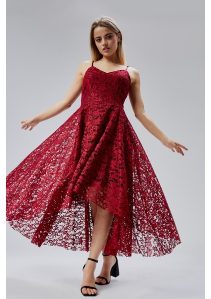 Kadın Uzun Dantelli V Yaka Fermuarlı Sırt Detaylı Ayarlanılabilir Omuz Askılı Uzun Elbise HV06063133