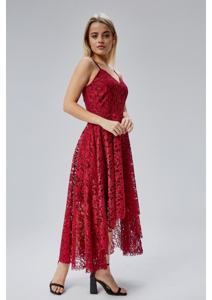 Kadın Uzun Dantelli V Yaka Fermuarlı Sırt Detaylı Ayarlanılabilir Omuz Askılı Uzun Elbise HV06063133