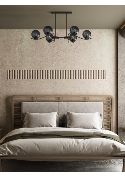 Merla2 6’lı Siyah Metal Füme Camlı Avize | Modern Salon Sarkıt Aydınlatma | Retro Işık Tasarımı