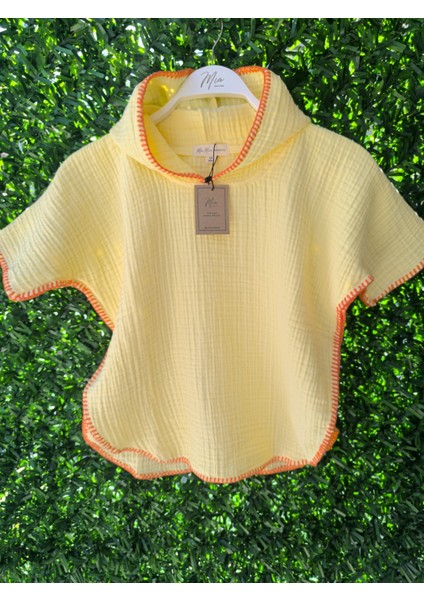 4 Kat Müslin Kapüşonlu Çoban Dikişli Çocuk Panço Sarı Renk 3-4 Yaş