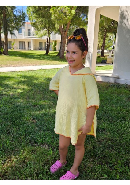 4 Kat Müslin Kapüşonlu Çoban Dikişli Çocuk Panço Sarı Renk 3-4 Yaş fırsatları