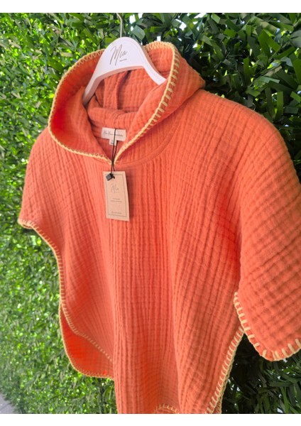 4 Kat Müslin Kapüşonlu Çoban Dikişli Çocuk Panço Turuncu Renk 5-6 Yaş fiyatları