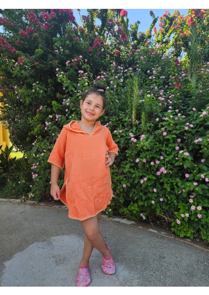 4 Kat Müslin Kapüşonlu Çoban Dikişli Çocuk Panço Turuncu Renk 5-6 Yaş fırsatları