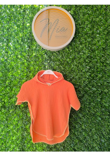 4 Kat Müslin Kapüşonlu Çoban Dikişli Çocuk Panço Turuncu Renk 5-6 Yaş indirimleri