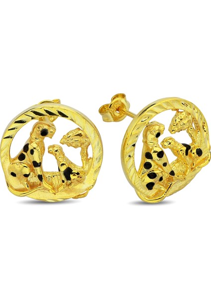 18K Altın Kaplamalı 925 Ayar Gümüş Panter ve Yavrusu Küpe - 12111801