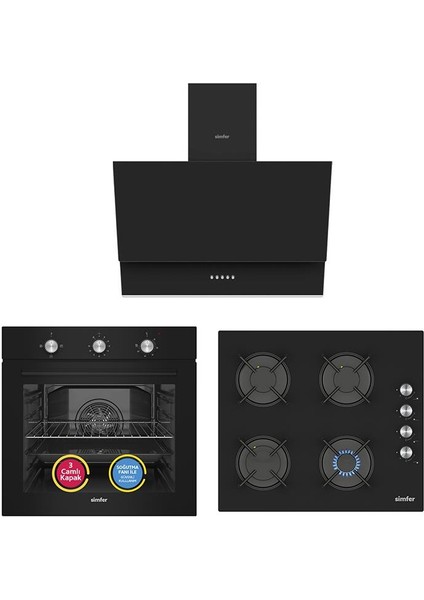 4 Fonksiyon Trend Mekanik Siyah Power Turbo 3'lü Ankastre Set (Fırın + Ocak + Davlumbaz)