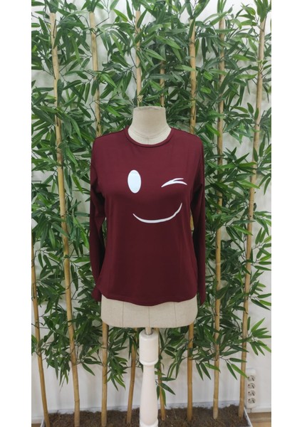 Kadın Uzun Kollu Bisiklet Yaka Gülen Yüz Desenli Viskon Bluz indirimleri