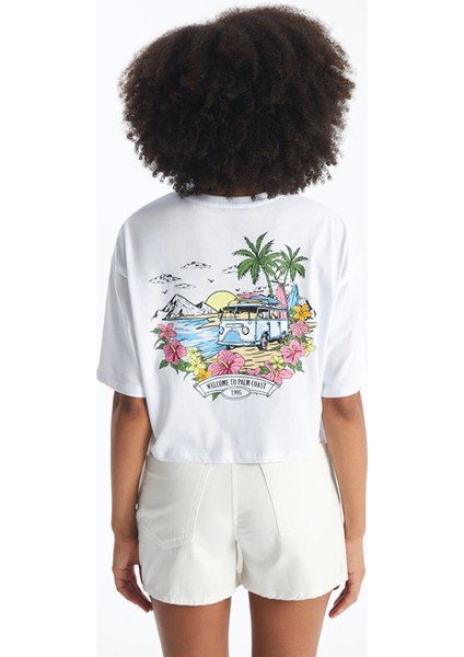 Xsıde Beyaz Bisiklet Yaka Baskılı Kısa Kollu Oversize Kadın Crop fırsatları