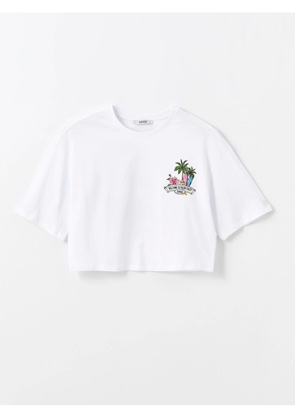 Xsıde Beyaz Bisiklet Yaka Baskılı Kısa Kollu Oversize Kadın Crop indirimleri